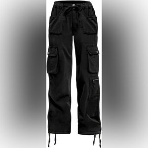 Casei-Black Baggy Cotton Cargo Pants with Pockets and Zip Up Closure Women’s XL